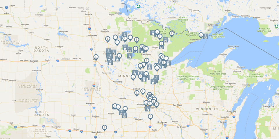 Google map of Blandin Reservation Community Leadership Program participants across Minnesota